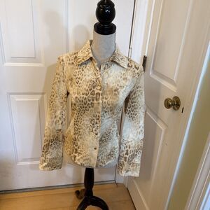 ANIMAL PRINT STRETCH COTTON St John Sport Tan Ivory Snaps Jacket Size P Cheetah